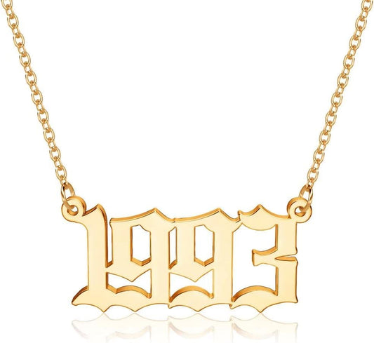 Birth Year Necklace for Women, 18K Gold Plated Old English Birth Year Number Pendant Necklace Jewelry Gifts for Women Birthday Anniversary, 1970-2021
